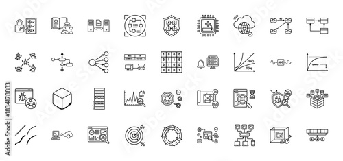 Computer science and software engineering line icon set. Vector pictograms of network, cloud, security, algorithm, database, code, processor, thin outline illustration.