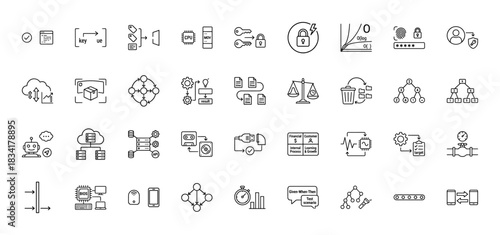Technology and data science line icon set. Vector pictograms of algorithms, security, processes, and cloud computing, thin outline illustration.