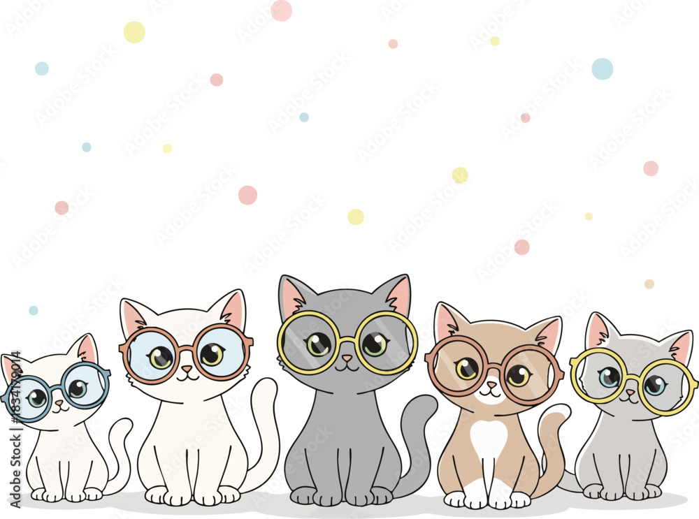 Fototapeta premium Cute cartoon cats wearing glasses and sitting in a row with a playful, colorful background. Ideal for children's themes, education, or fun designs