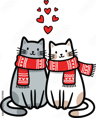 Cute cartoon cats wearing red scarves, surrounded by floating hearts, represent love and companionship