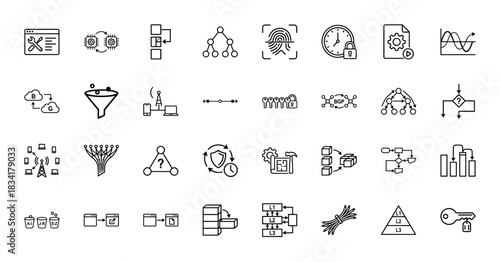 Network and data science line icon set. Vector pictograms of algorithms, cloud computing, security, encryption, server architecture and api, thin outline illustration.