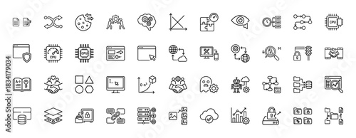 Data and technology line icon set. Vector pictograms of cpu, blockchain, security, analysis, and cloud computing, thin outline illustration.