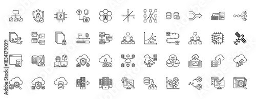 Cloud computing and data science line icon set. Vector pictograms of server, network, security, coding, algorithm, database and flowchart, thin outline illustration.