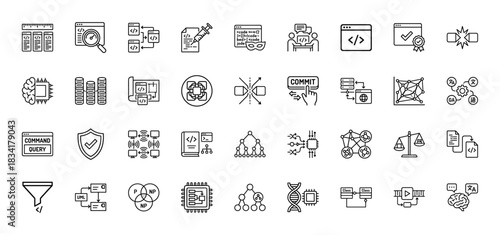 Software development line icon set. Vector pictograms of code, data, algorithm, commit, query, and structure, thin outline illustration.