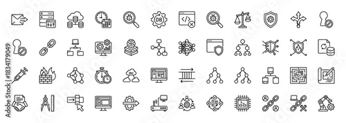 Information technology and cybersecurity line icon set. Vector pictograms of server, database, cloud, programming, and defense, thin outline illustration.