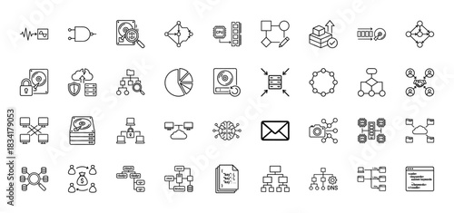 Technology and data line icon set. Vector pictograms of networking, storage, security, and analysis, thin outline illustration.