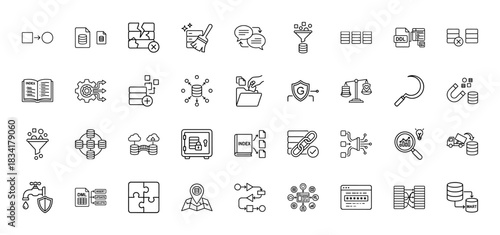 Data and database technology line icon set. Vector pictograms of processing, storage, analysis, security, and migration, thin outline illustration.