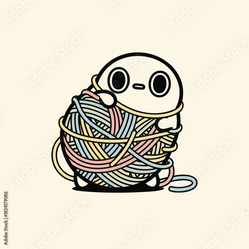 Cute cartoon character tangled up in a colorful ball of pastel yarn, perfect for crafting, knitting, or cozy hobby themes