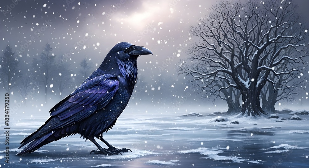 Fototapeta premium Lone raven stands stoically on icy ground amidst falling snow and bare winter trees.