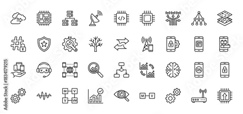 Technology and it outline icon set. vector pictograms of cloud, processor, server, antenna, security, vr, smartphone, and network, thin outline illustration.