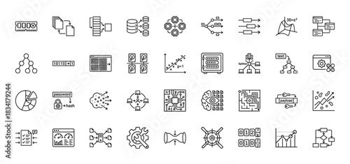 Technology and data science line icon set. Vector pictograms of machine learning, cryptography, processing, and analysis, thin outline illustration.