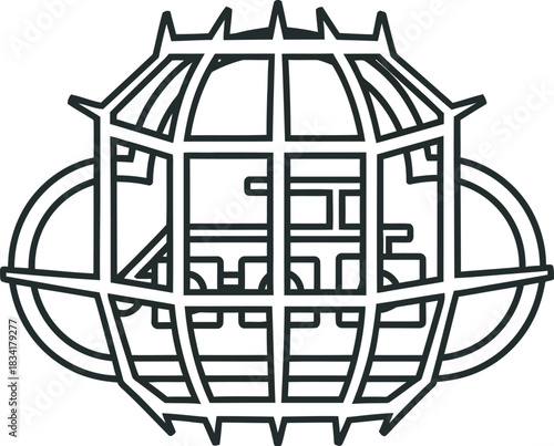 Stylized abstract globe with geometric cage structure, representing security or confinement.