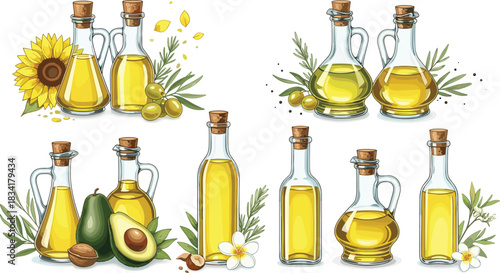 Oil bottles, sunflower oil, olive oil, avocado oil, nut oils, natural source, plant-based, organic, culinary, healthy fats, illustration