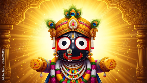Depiction of Lord Jagannath with golden glow, symbolizing holiness, divine protection, prosperity, and serene spiritual energy in a vibrant devotional scene