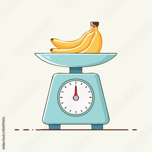 Light Blue Kitchen Scale With Bunch Of Yellow Bananas On Top And Red Needle Pointing To The Right On A White Background With Chocolate Splatters At The Bottom