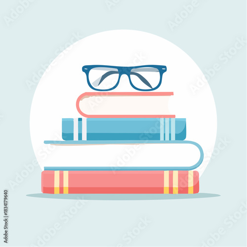 Stack Of Books With Glasses On Top On Light Blue Background And White Circle With Simple Design And Flat Style