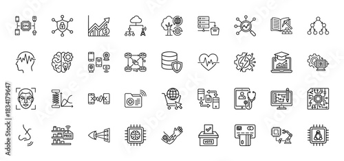 Technology and data line icon set. Vector pictograms of ai, machine learning, security, cloud, and big data concepts, thin outline illustration.
