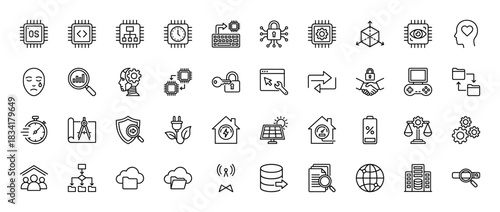 Technology and development line icon set. Vector pictograms of operating system, security, data, ai, smart home, and energy, thin outline illustration.