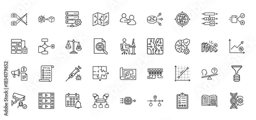 System architecture line icon set. Vector pictograms of server, database, router, flowchart, algorithm, bug, developer, network and analytics, thin outline illustration.