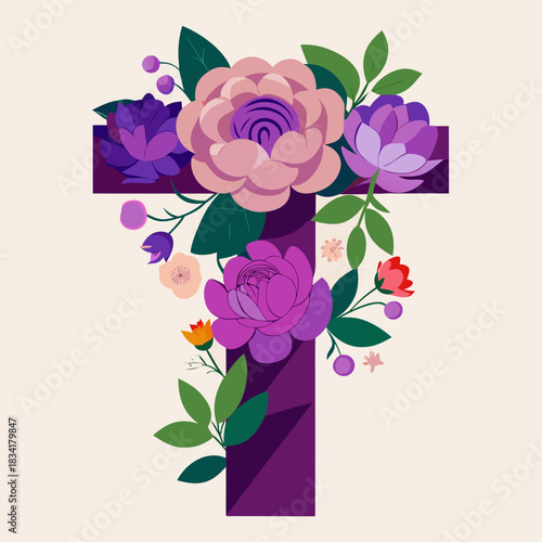 Decorative initial letter T adorned with colorful floral arrangement
