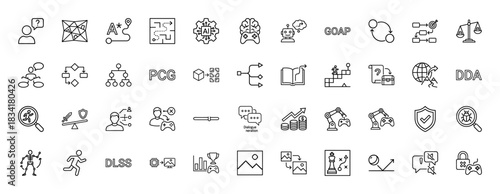 Artificial intelligence and gaming icon set. Vector pictograms of ai brain, robot, joystick, and strategy, thin outline illustration.