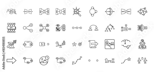 Artificial intelligence and machine learning line icon set. Vector pictograms of neural networks, gpt, bert, and deep learning concepts, thin outline illustration.