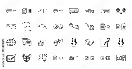 Natural language processing line icon set. Vector pictograms of sentence analysis, entity recognition, speech, and AI conversations, thin outline illustration.