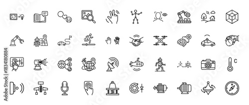 Artificial intelligence line icon set. Vector pictograms of robot, sensor, brain, drone, car, camera, hand, network, face, voice, thin outline illustration.