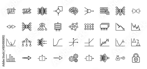 Artificial intelligence and machine learning line icon set. Vector pictograms of neural networks, data flow, activation functions, and algorithms, thin outline illustration.