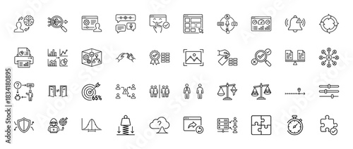 Business, data analysis, and optimization line icon set. Vector pictograms of performance chart, brain, puzzle, and balance scale, thin outline illustration.