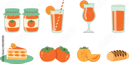 Persimmon-themed food and drink collection featuring jam, juice, cake, and pastry—perfect for culinary, seasonal, and healthy lifestyle concepts.