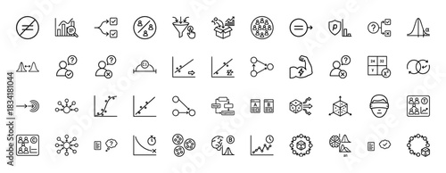 Statistics line icon set. Vector pictograms of probability, charts, experiments, bell curve, network, scatter plot, funnel, dice and sampling, thin outline illustration.