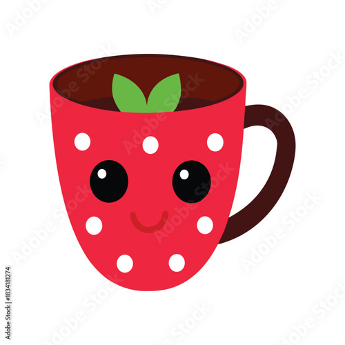 Cup of coffee and tea with strawberry illustration on white background