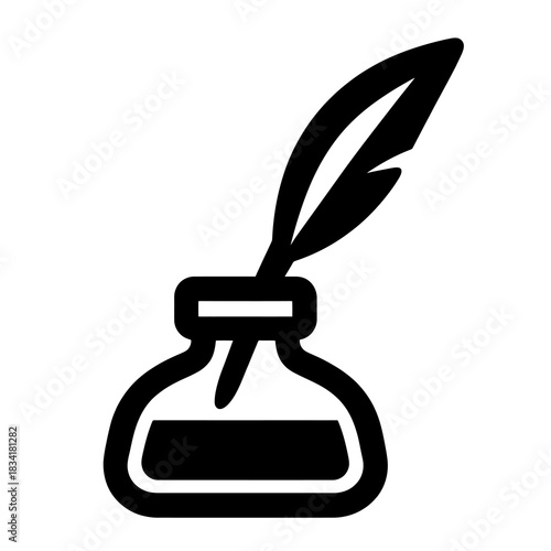 Ink bottle with quill feather icon, bold outline and clean geometry, ideal for writing apps, creativity tools, vintage themes and elegant UI design elements.