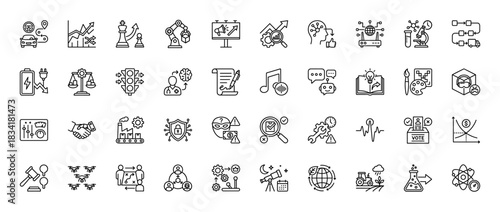 Business and technology line icon set. Vector pictograms of data analysis, artificial intelligence, industry, and strategic planning, thin outline illustration.
