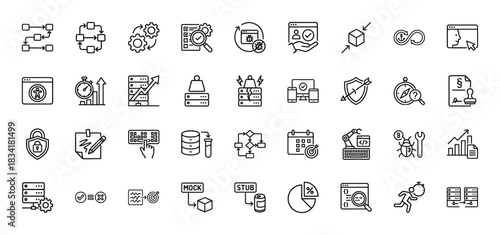 Software development and quality assurance line icon set. Vector pictograms of process, testing, server, and security, thin outline illustration.