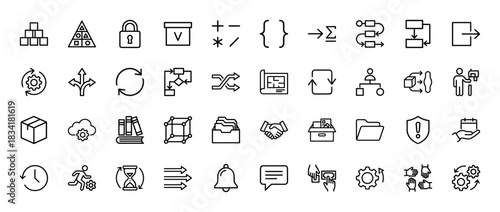 Business and workflow line icon set. Vector pictograms of process, data, security, file, and development, thin outline illustration.