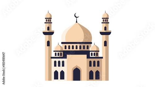 Mosque vector illustration in flat design style. Islamic religious building with dome and minarets, an icon isolated on white background
