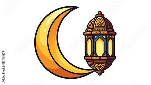 Golden Crescent Moon and Ornate Lantern Illustration for Spiritual Festivals and Cultural Celebrations