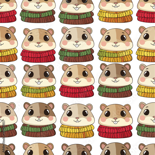 Cute cartoon hamsters wearing colorful knitted scarves form a delightful seamless pattern on a white background