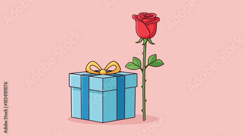 A Red Rose and a Blue Gift Box with Yellow Bow on a Light Pink Background