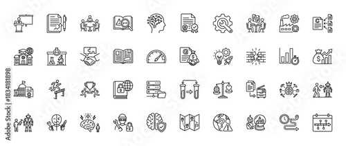 Education, business, and technology line icon set. Vector pictograms of student, handshake, research, and data, thin outline illustration.