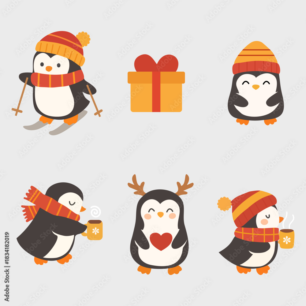Fototapeta premium Cute, warm-toned, cartoon-style illustrations featuring chubby penguins in various poses and winter or Christmas-themed decorations. with a light gray background
