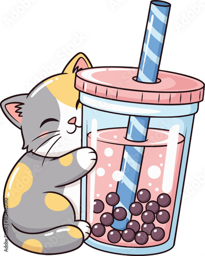 Cute cartoon kitten hugging a large glass of bubble tea