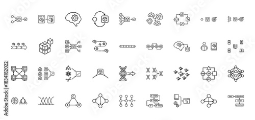 Artificial intelligence line icon set. Vector pictograms of machine learning, neural networks, data processing, and algorithms, thin outline illustration.