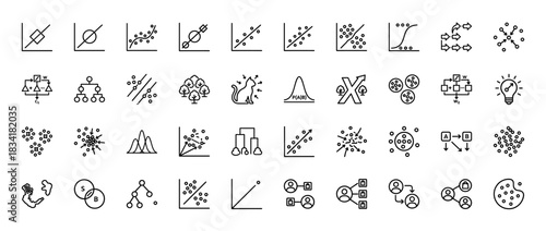 Data science line icon set. Vector pictograms of scatter plots, probability distributions, clustering, decision trees, and classification, thin outline illustration.