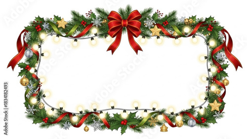 Festive christmas garland with red bow twinkling lights holly berries pine needles ornaments snowflakes and golden stars forming a decorative border on white background