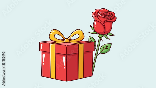 Vibrant red gift box with a golden bow and a beautiful single red rose, an iconic symbol of love, romance, and thoughtful gifting