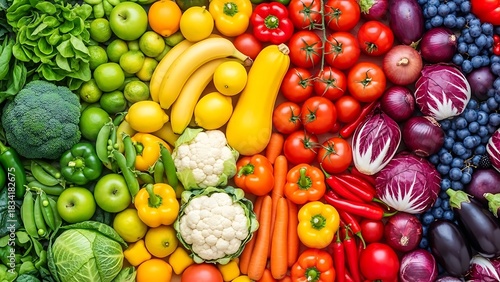 Vibrant rainbow of fresh fruits and vegetables arranged artfully