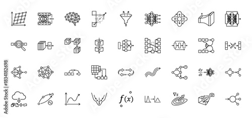 Artificial intelligence and machine learning line icon set. Vector pictograms of neural networks, data flow, deep learning, and optimization, thin outline illustration.